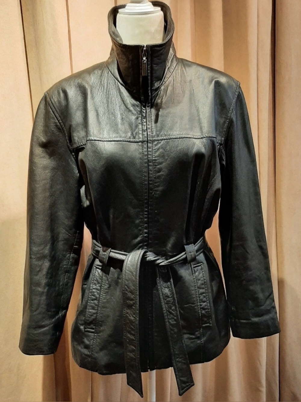 JLC NEW YORK Black Genuine Leather Funnel Neck Cinched Waist Jacket Size S VTG